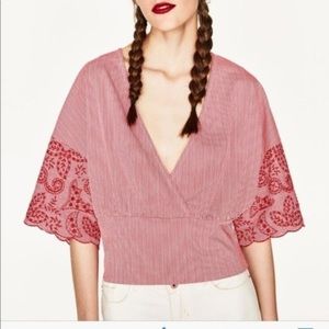 Zara Surplice Red Stripe Top & floral embroidery